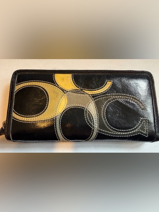 Coach Handbags - Coach Signature Patchwork Leather Zip Around Wallet Black Gold Gray Wallet